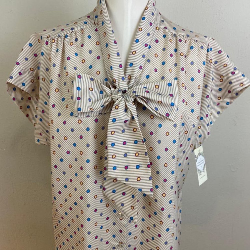 Vintage Judy Bon D Chinese Crepe Collar Ribbon Printed Blouse